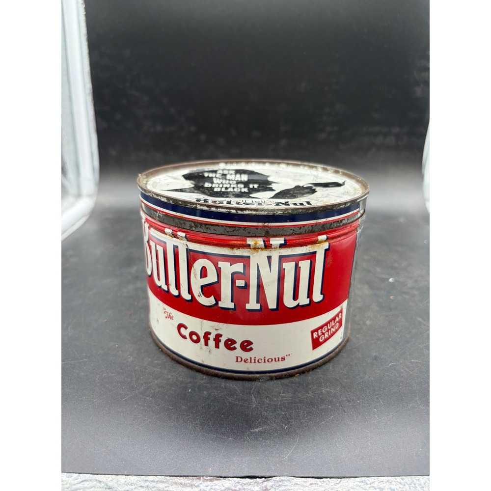 Vintage Butter-Nut Coffee Tin 1lb Can Omaha Nebraska Advertising Ask The Man Lid